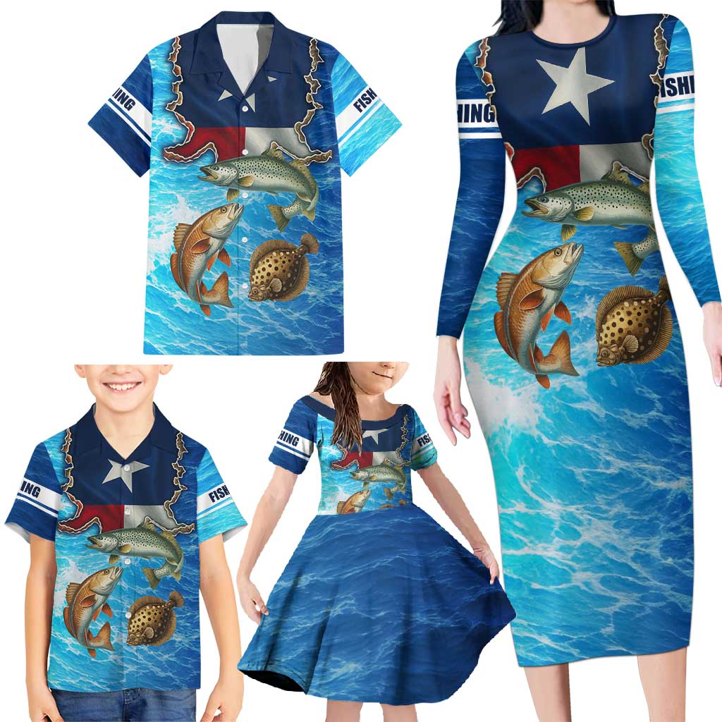 Texas Flag Fishing Family Matching Long Sleeve Bodycon Dress and Hawaiian Shirt with Ocean Fish Graphic and Blue Water Background - Wonder Print Shop
