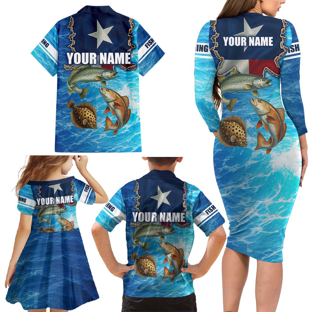 Texas Flag Fishing Family Matching Long Sleeve Bodycon Dress and Hawaiian Shirt with Ocean Fish Graphic and Blue Water Background - Wonder Print Shop