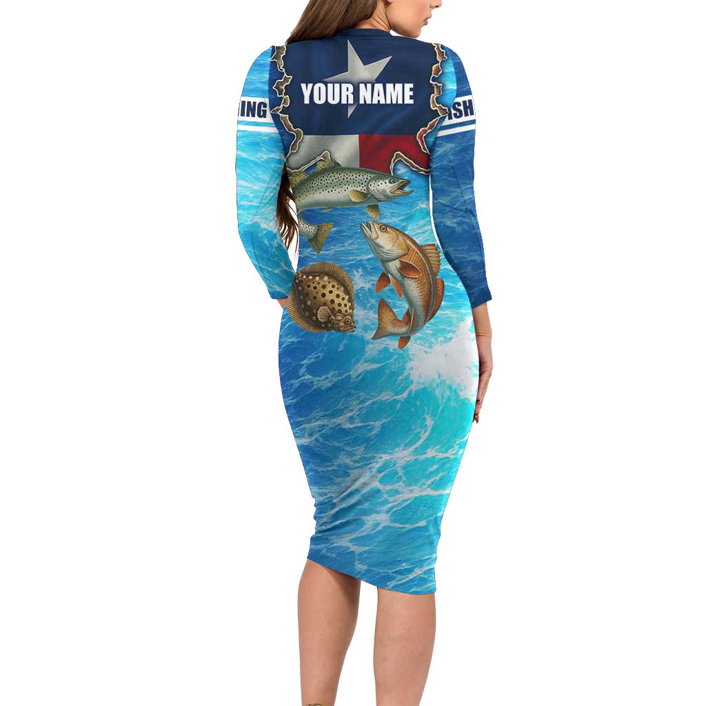 Texas Flag Fishing Family Matching Long Sleeve Bodycon Dress and Hawaiian Shirt with Ocean Fish Graphic and Blue Water Background - Wonder Print Shop