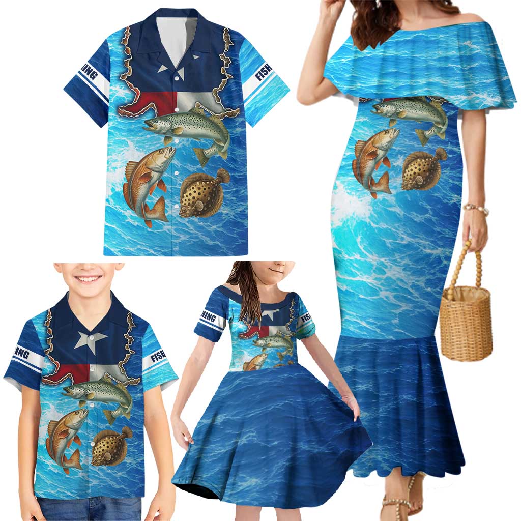 Texas Flag Fishing Family Matching Mermaid Dress and Hawaiian Shirt with Ocean Fish Graphic and Blue Water Background - Wonder Print Shop