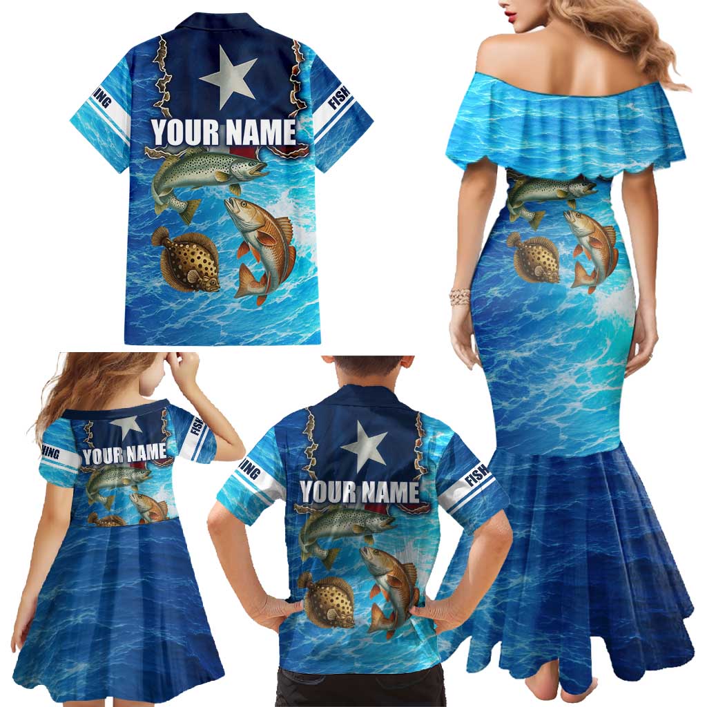 Texas Flag Fishing Family Matching Mermaid Dress and Hawaiian Shirt with Ocean Fish Graphic and Blue Water Background - Wonder Print Shop