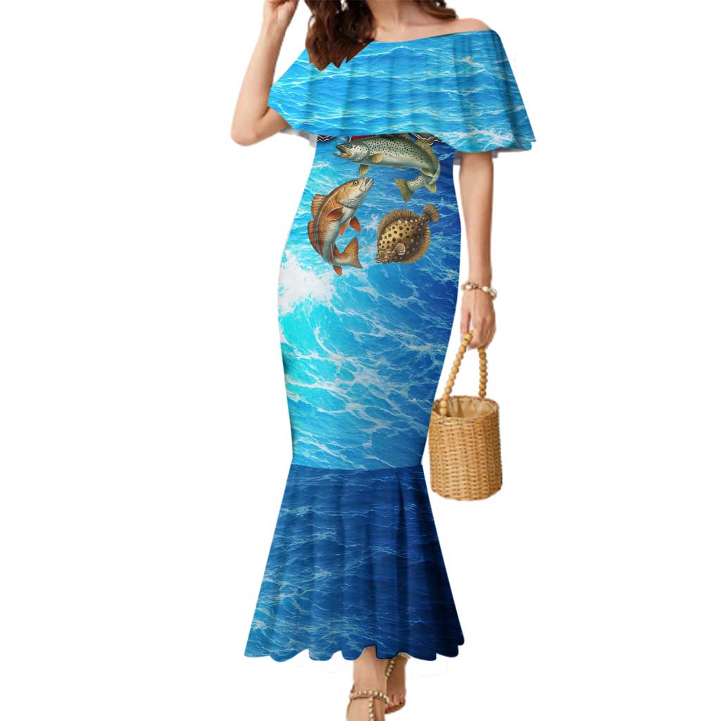 Texas Flag Fishing Family Matching Mermaid Dress and Hawaiian Shirt with Ocean Fish Graphic and Blue Water Background - Wonder Print Shop