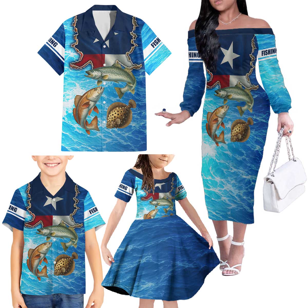 Texas Flag Fishing Family Matching Off The Shoulder Long Sleeve Dress and Hawaiian Shirt with Ocean Fish Graphic and Blue Water Background - Wonder Print Shop