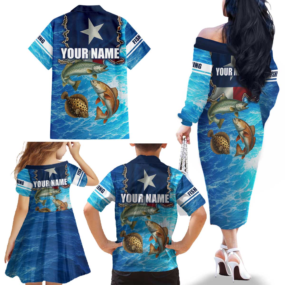 Texas Flag Fishing Family Matching Off The Shoulder Long Sleeve Dress and Hawaiian Shirt with Ocean Fish Graphic and Blue Water Background - Wonder Print Shop