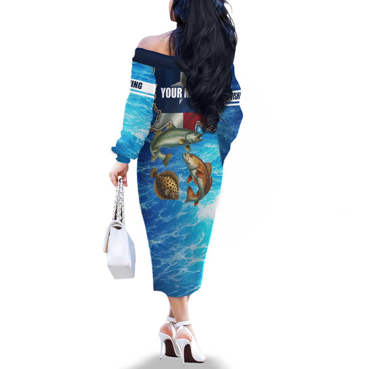 Texas Flag Fishing Family Matching Off The Shoulder Long Sleeve Dress and Hawaiian Shirt with Ocean Fish Graphic and Blue Water Background - Wonder Print Shop