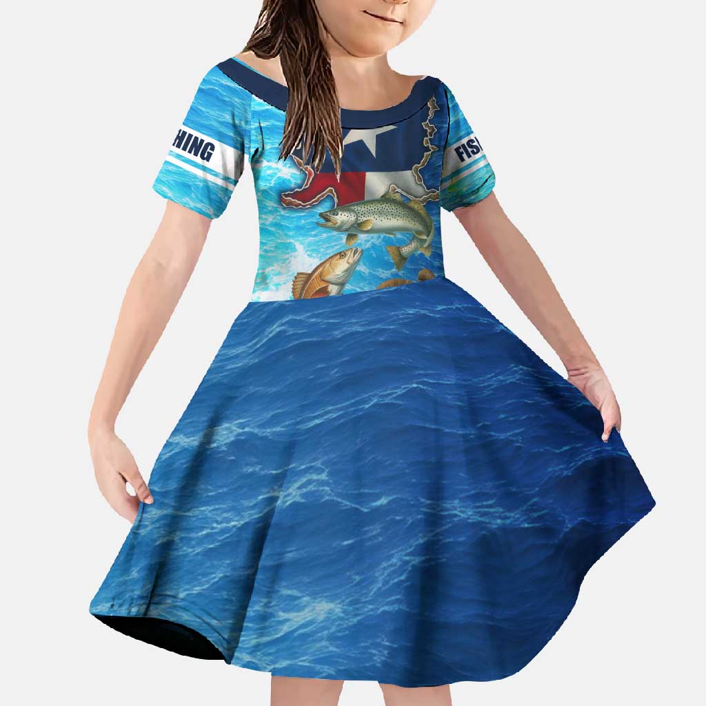 Texas Flag Fishing Family Matching Off Shoulder Maxi Dress and Hawaiian Shirt with Ocean Fish Graphic and Blue Water Background - Wonder Print Shop