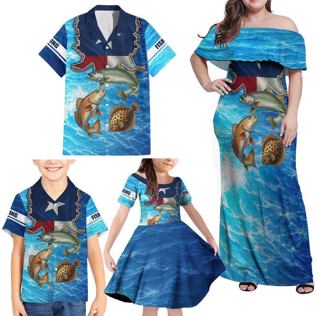 Texas Flag Fishing Family Matching Off Shoulder Maxi Dress and Hawaiian Shirt with Ocean Fish Graphic and Blue Water Background - Wonder Print Shop