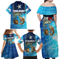 Texas Flag Fishing Family Matching Off Shoulder Maxi Dress and Hawaiian Shirt with Ocean Fish Graphic and Blue Water Background - Wonder Print Shop