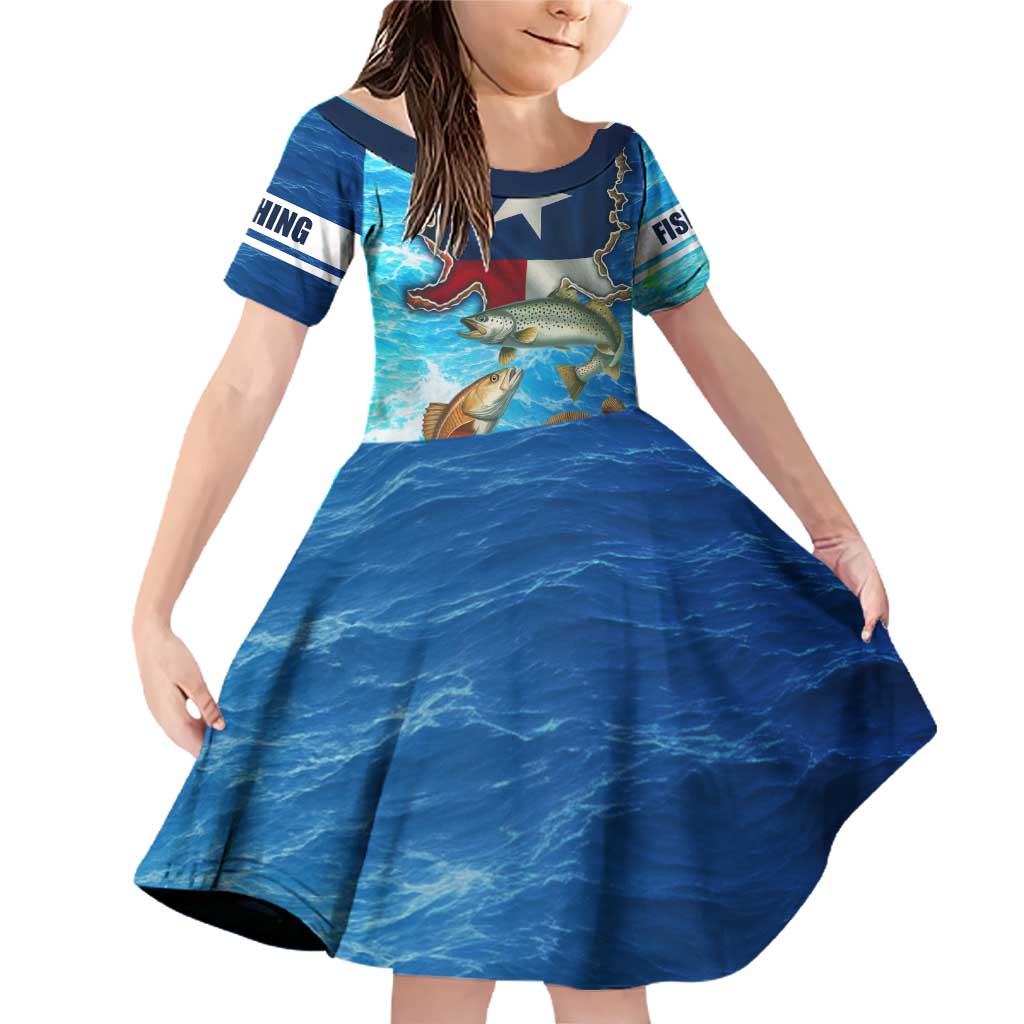 Texas Flag Fishing Family Matching Off Shoulder Short Dress and Hawaiian Shirt with Ocean Fish Graphic and Blue Water Background - Wonder Print Shop
