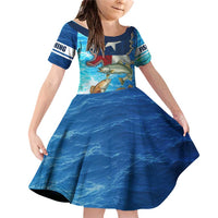 Texas Flag Fishing Family Matching Off Shoulder Short Dress and Hawaiian Shirt with Ocean Fish Graphic and Blue Water Background - Wonder Print Shop