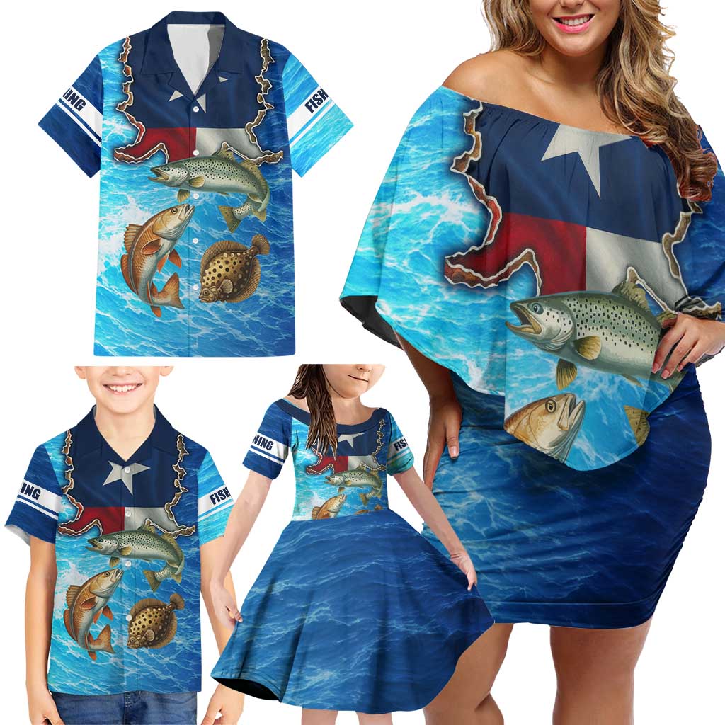 Texas Flag Fishing Family Matching Off Shoulder Short Dress and Hawaiian Shirt with Ocean Fish Graphic and Blue Water Background - Wonder Print Shop