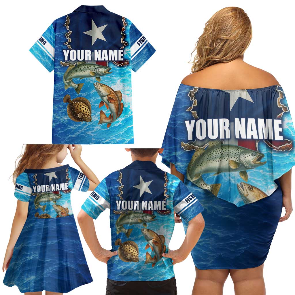 Texas Flag Fishing Family Matching Off Shoulder Short Dress and Hawaiian Shirt with Ocean Fish Graphic and Blue Water Background - Wonder Print Shop