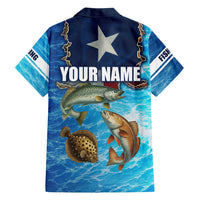 Texas Flag Fishing Family Matching Off Shoulder Short Dress and Hawaiian Shirt with Ocean Fish Graphic and Blue Water Background - Wonder Print Shop