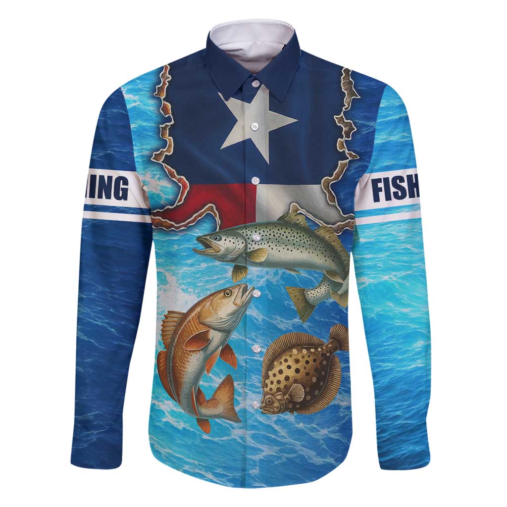 Texas Flag Fishing Family Matching Off Shoulder Short Dress and Hawaiian Shirt with Ocean Fish Graphic and Blue Water Background - Wonder Print Shop