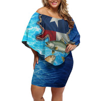 Texas Flag Fishing Family Matching Off Shoulder Short Dress and Hawaiian Shirt with Ocean Fish Graphic and Blue Water Background - Wonder Print Shop