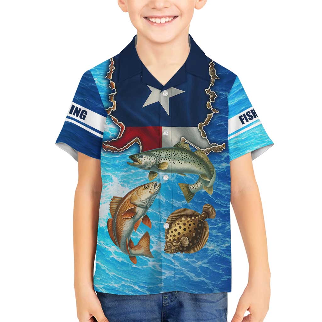 Texas Flag Fishing Family Matching Off Shoulder Short Dress and Hawaiian Shirt with Ocean Fish Graphic and Blue Water Background - Wonder Print Shop