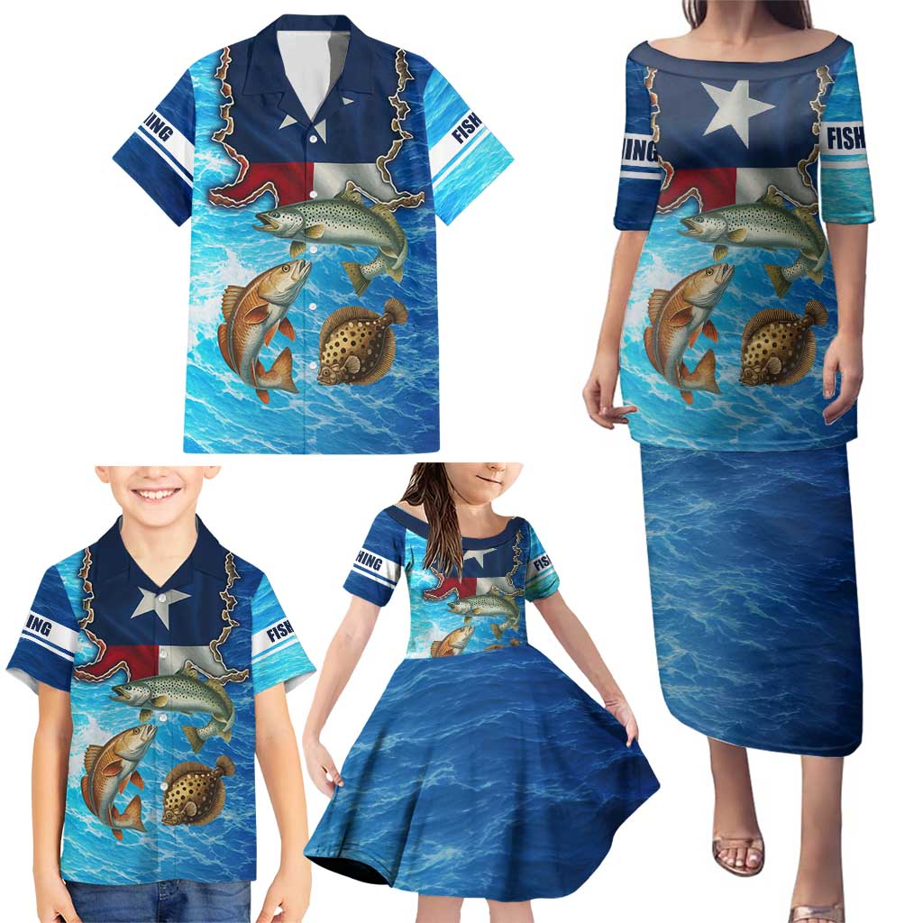 Texas Flag Fishing Family Matching Puletasi and Hawaiian Shirt with Ocean Fish Graphic and Blue Water Background - Wonder Print Shop