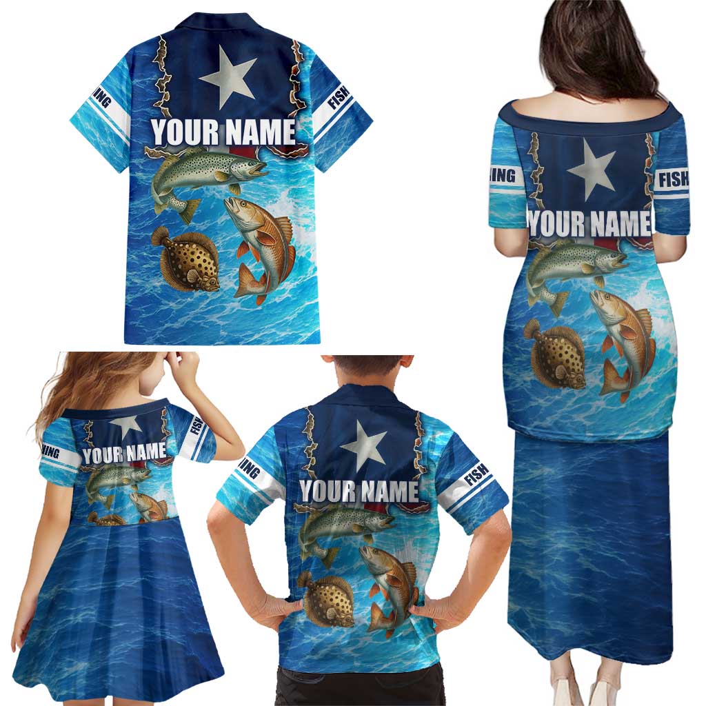Texas Flag Fishing Family Matching Puletasi and Hawaiian Shirt with Ocean Fish Graphic and Blue Water Background - Wonder Print Shop
