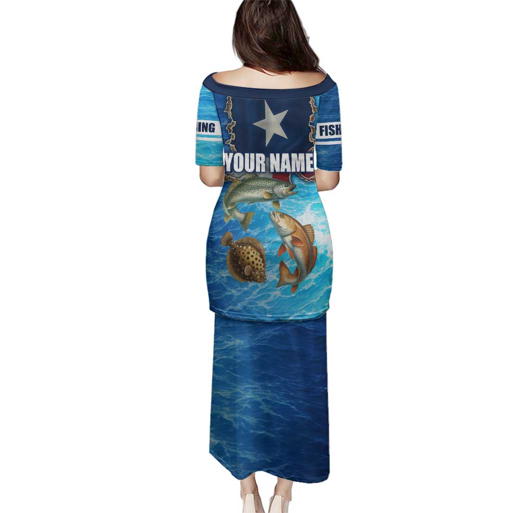 Texas Flag Fishing Family Matching Puletasi and Hawaiian Shirt with Ocean Fish Graphic and Blue Water Background - Wonder Print Shop