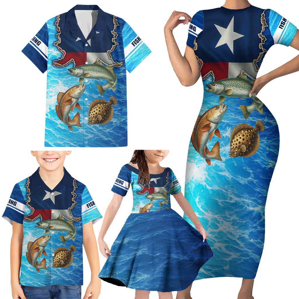 Texas Flag Fishing Family Matching Short Sleeve Bodycon Dress and Hawaiian Shirt with Ocean Fish Graphic and Blue Water Background - Wonder Print Shop
