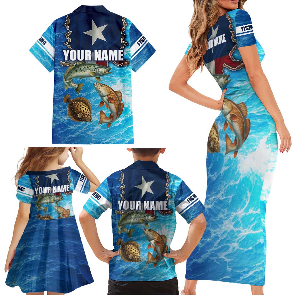 Texas Flag Fishing Family Matching Short Sleeve Bodycon Dress and Hawaiian Shirt with Ocean Fish Graphic and Blue Water Background - Wonder Print Shop