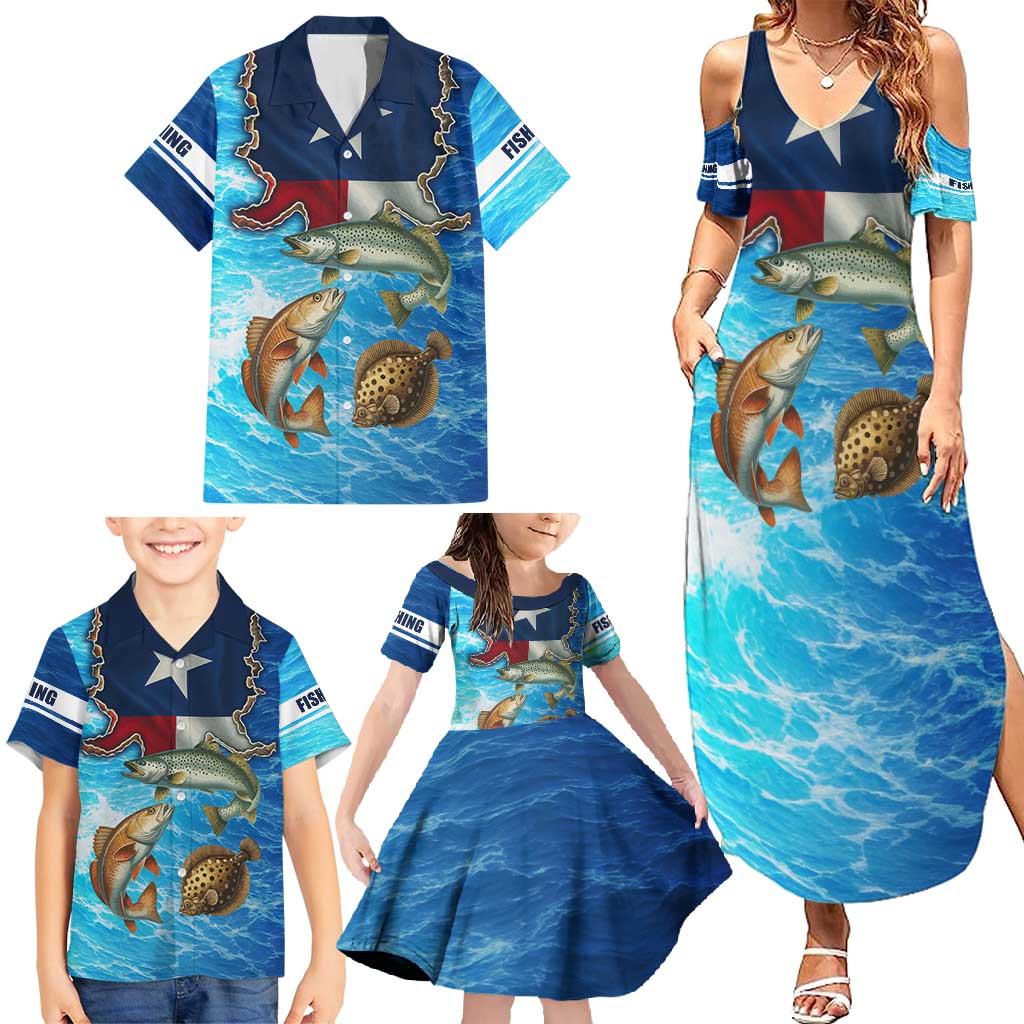 Texas Flag Fishing Family Matching Summer Maxi Dress and Hawaiian Shirt with Ocean Fish Graphic and Blue Water Background - Wonder Print Shop