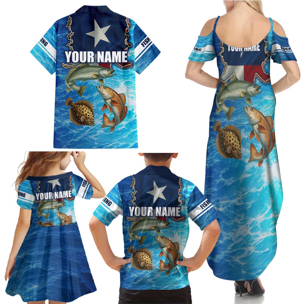 Texas Flag Fishing Family Matching Summer Maxi Dress and Hawaiian Shirt with Ocean Fish Graphic and Blue Water Background - Wonder Print Shop