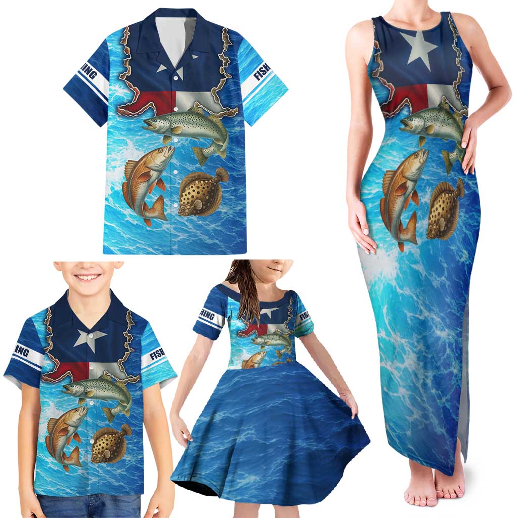 Texas Flag Fishing Family Matching Tank Maxi Dress and Hawaiian Shirt with Ocean Fish Graphic and Blue Water Background - Wonder Print Shop