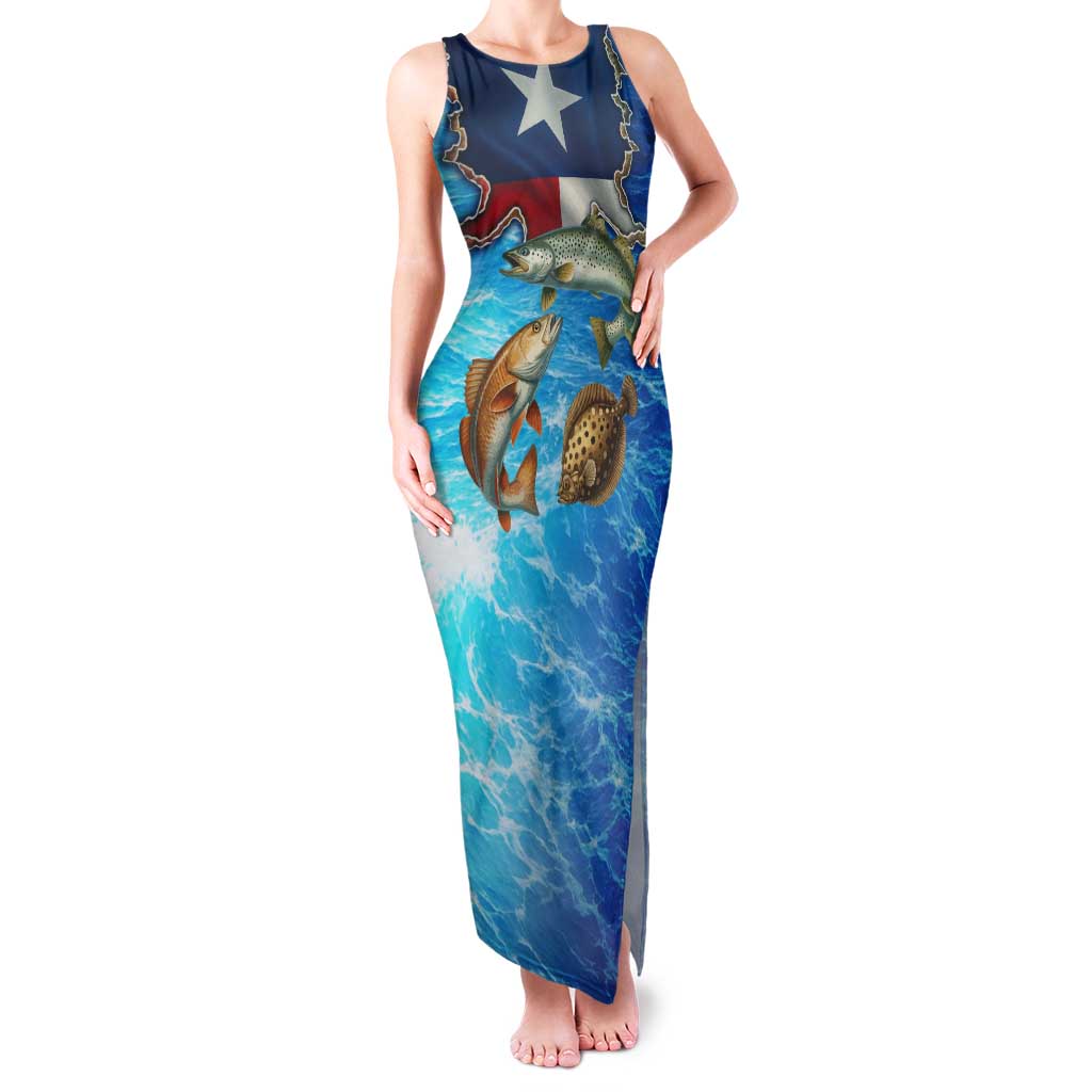 Texas Flag Fishing Family Matching Tank Maxi Dress and Hawaiian Shirt with Ocean Fish Graphic and Blue Water Background - Wonder Print Shop