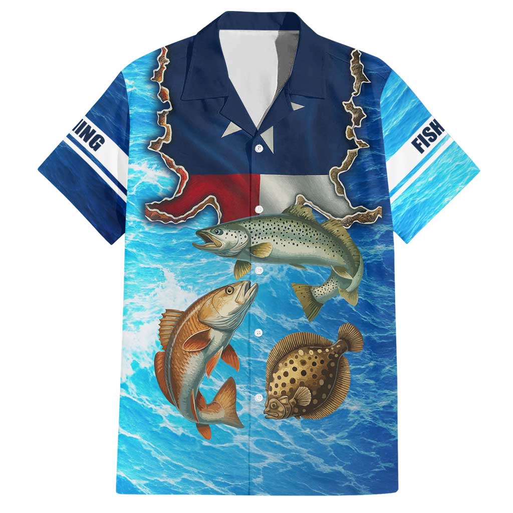Texas Flag Fishing Hawaiian Shirt with Ocean Fish Graphic and Blue Water Background - Wonder Print Shop
