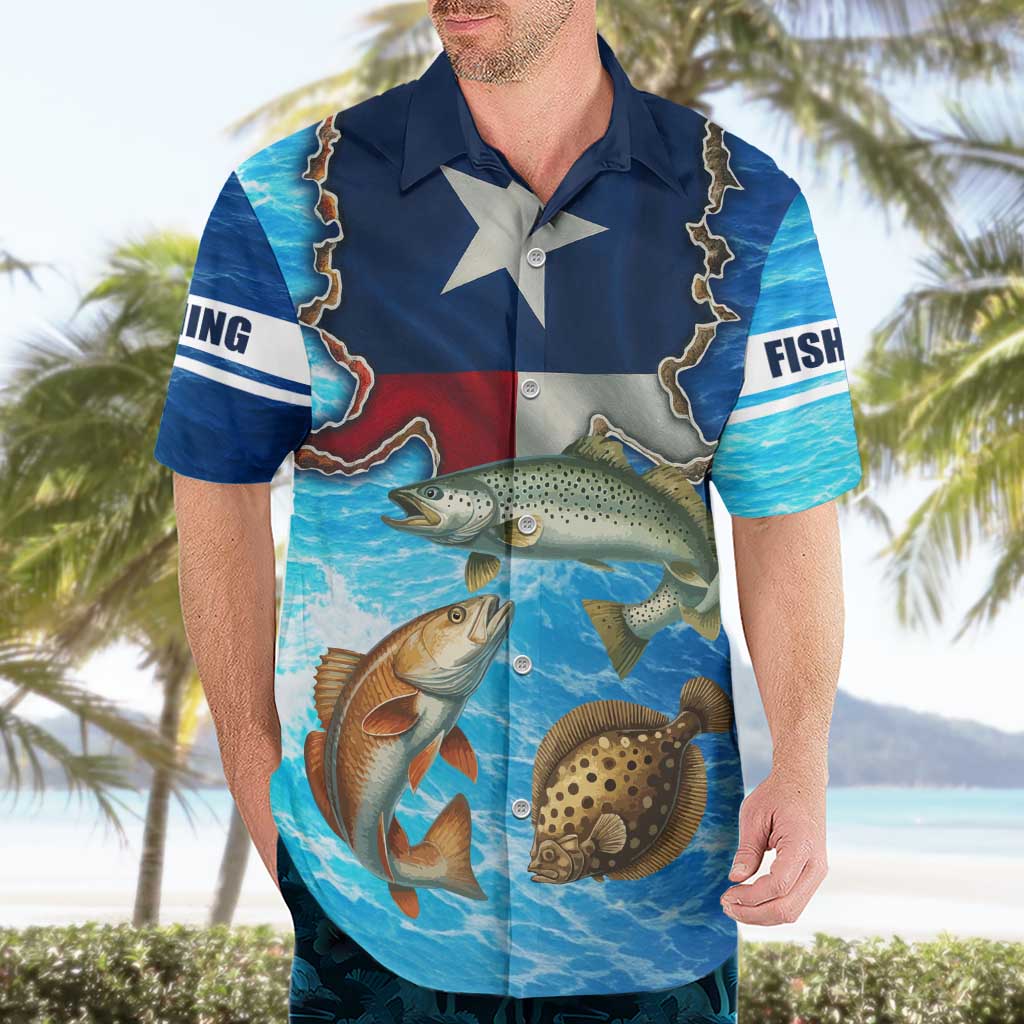 Texas Flag Fishing Hawaiian Shirt with Ocean Fish Graphic and Blue Water Background - Wonder Print Shop