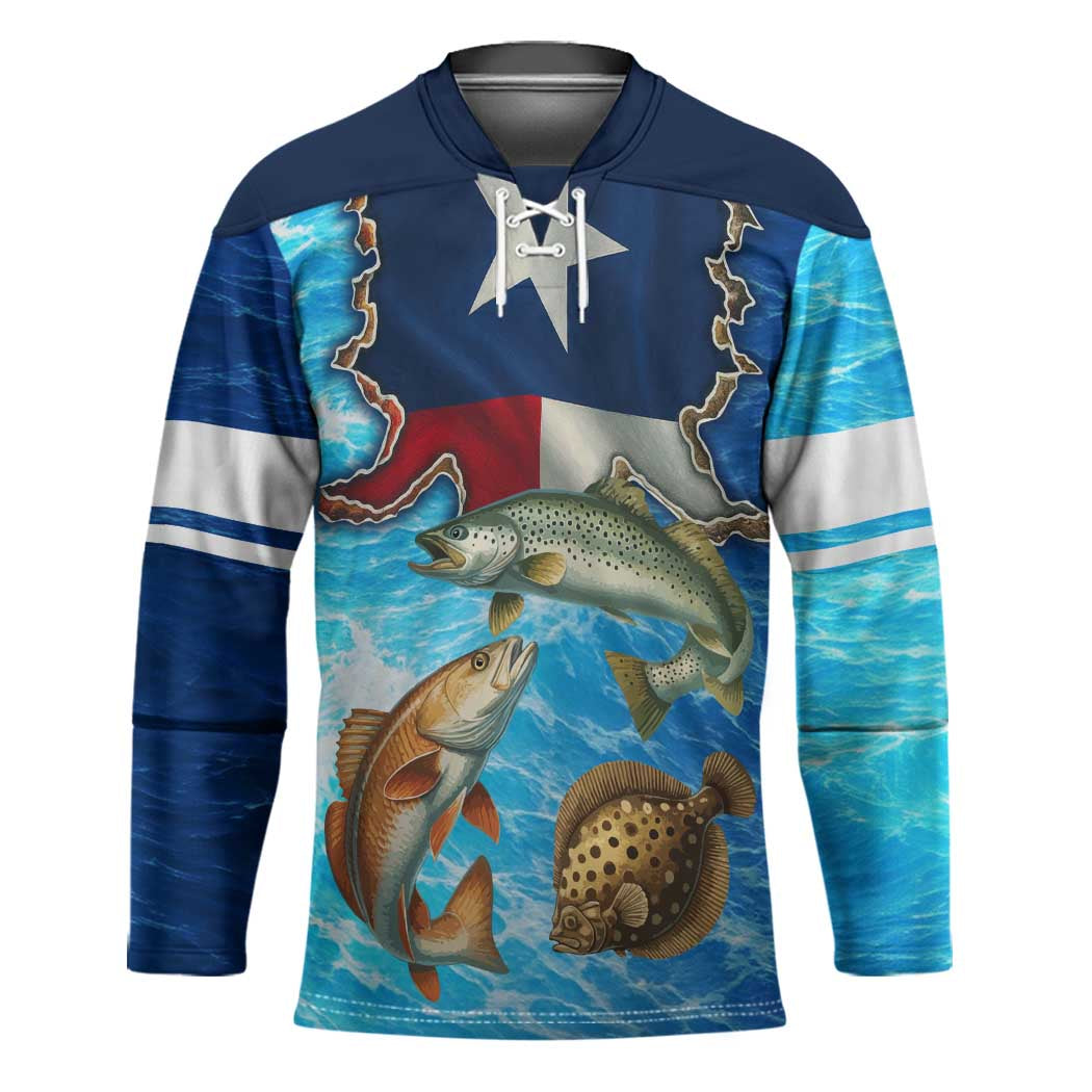Texas Flag Fishing Hockey Jersey with Ocean Fish Graphic and Blue Water Background - Wonder Print Shop
