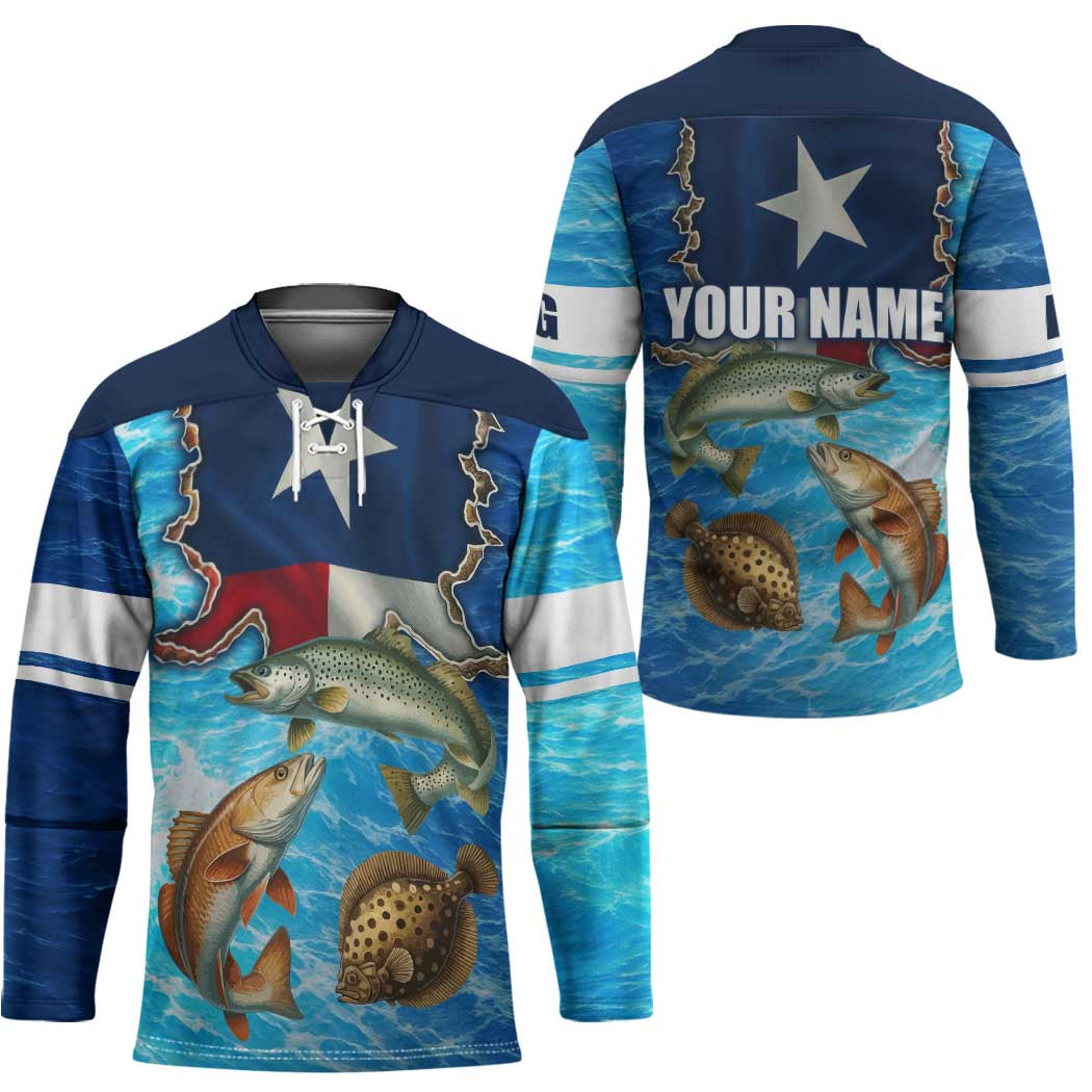 Texas Flag Fishing Hockey Jersey with Ocean Fish Graphic and Blue Water Background - Wonder Print Shop