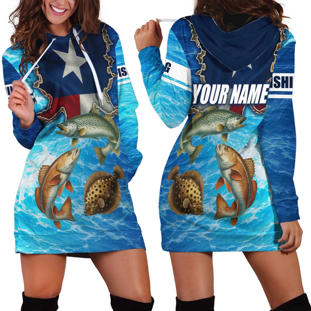 Texas Flag Fishing Hoodie Dress with Ocean Fish Graphic and Blue Water Background - Wonder Print Shop