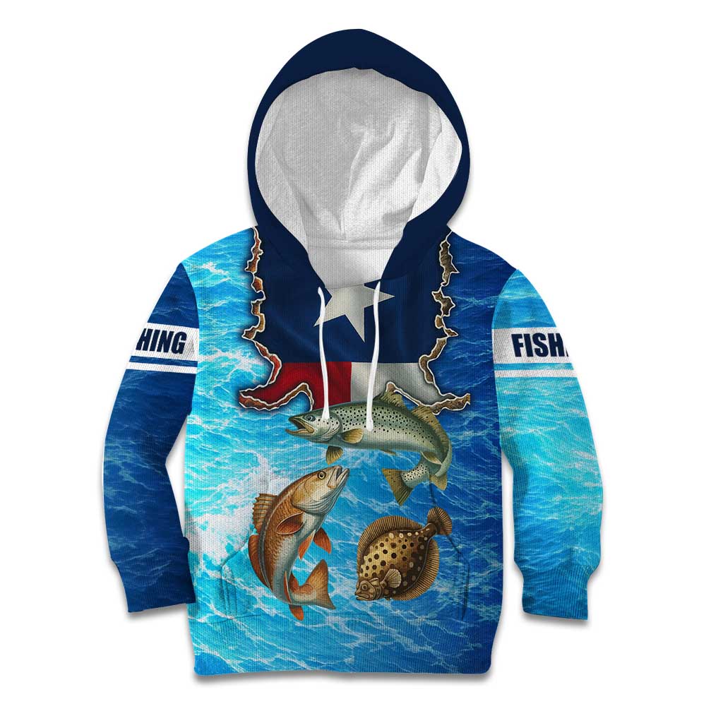 Texas Flag Fishing Kid Hoodie with Ocean Fish Graphic and Blue Water Background - Wonder Print Shop