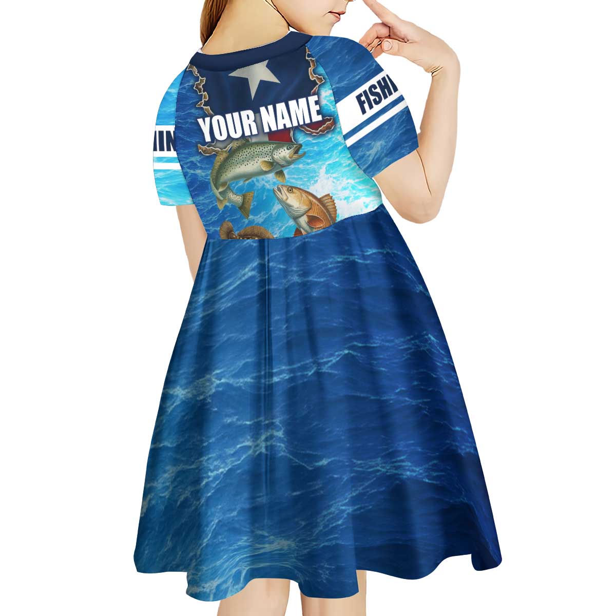 Texas Flag Fishing Kid Short Sleeve Dress with Ocean Fish Graphic and Blue Water Background - Wonder Print Shop