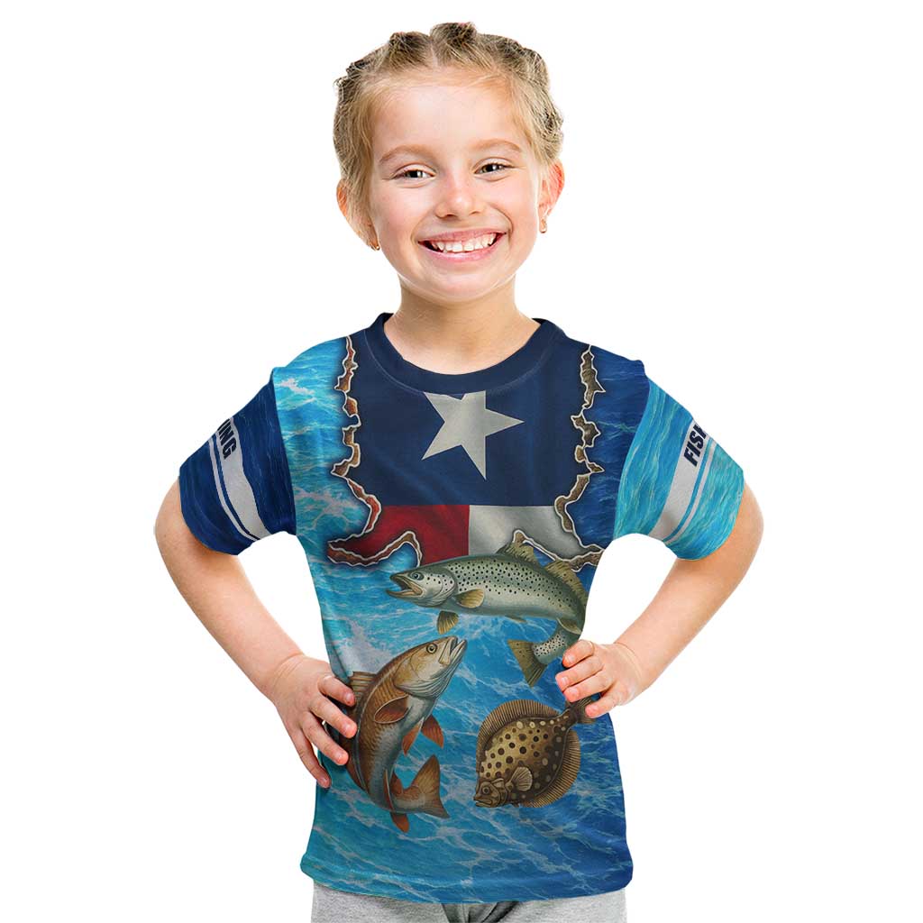 Texas Flag Fishing Kid T Shirt with Ocean Fish Graphic and Blue Water Background - Wonder Print Shop