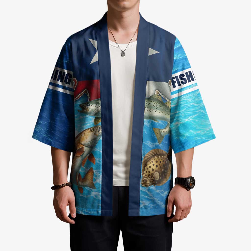 Texas Flag Fishing Kimono with Ocean Fish Graphic and Blue Water Background - Wonder Print Shop