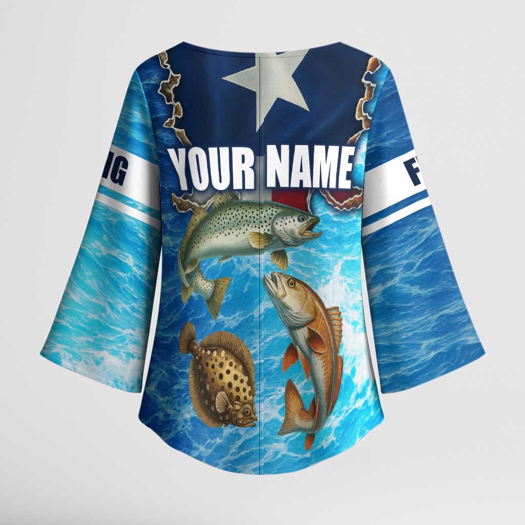 Texas Flag Fishing Kimono Sleeve Blouse with Ocean Fish Graphic and Blue Water Background - Wonder Print Shop