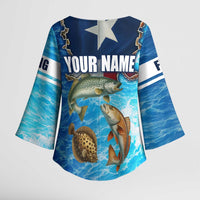 Texas Flag Fishing Kimono Sleeve Blouse with Ocean Fish Graphic and Blue Water Background - Wonder Print Shop