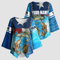 Texas Flag Fishing Kimono Sleeve Blouse with Ocean Fish Graphic and Blue Water Background - Wonder Print Shop