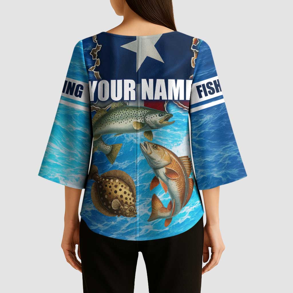Texas Flag Fishing Kimono Sleeve Blouse with Ocean Fish Graphic and Blue Water Background - Wonder Print Shop