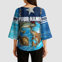 Texas Flag Fishing Kimono Sleeve Blouse with Ocean Fish Graphic and Blue Water Background - Wonder Print Shop