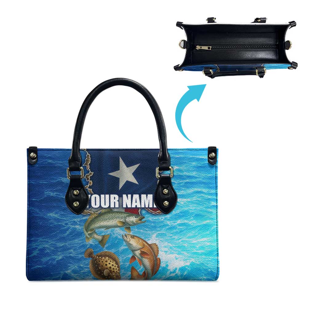 Texas Flag Fishing Leather Bag with Ocean Fish Graphic and Blue Water Background - Wonder Print Shop