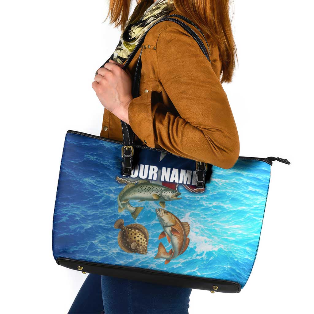 Texas Flag Fishing Leather Tote Bag with Ocean Fish Graphic and Blue Water Background - Wonder Print Shop