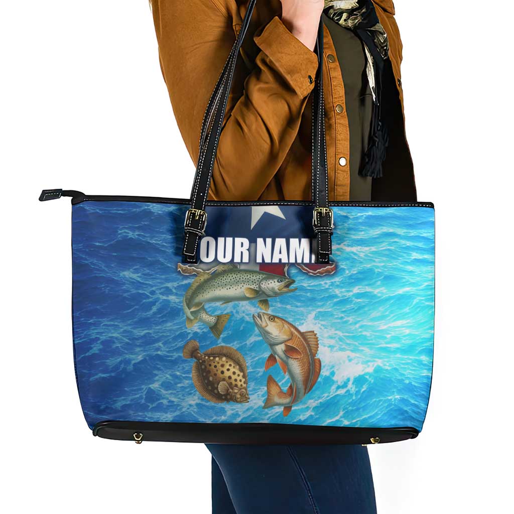 Texas Flag Fishing Leather Tote Bag with Ocean Fish Graphic and Blue Water Background - Wonder Print Shop