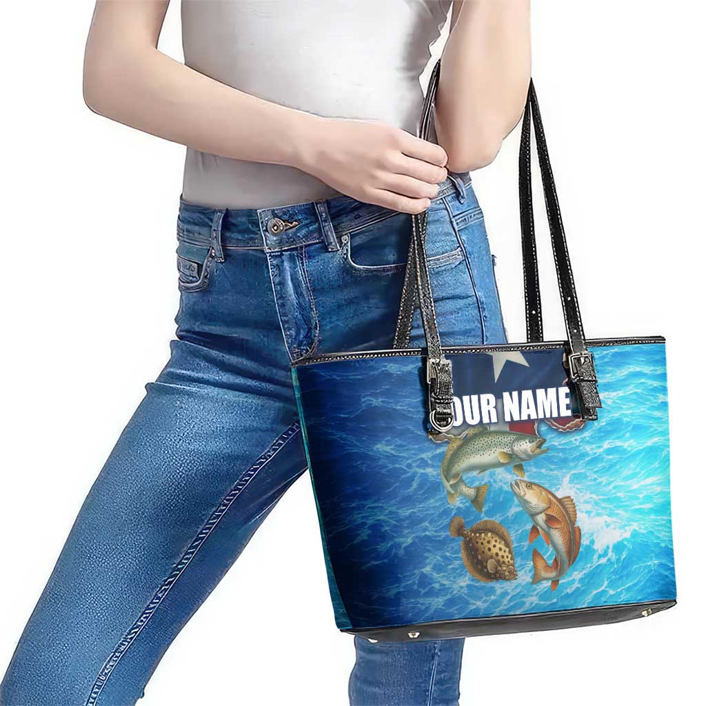 Texas Flag Fishing Leather Tote Bag with Ocean Fish Graphic and Blue Water Background - Wonder Print Shop