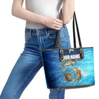 Texas Flag Fishing Leather Tote Bag with Ocean Fish Graphic and Blue Water Background - Wonder Print Shop
