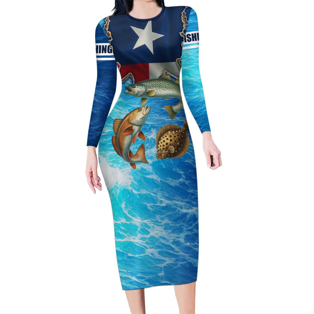 Texas Flag Fishing Long Sleeve Bodycon Dress with Ocean Fish Graphic and Blue Water Background - Wonder Print Shop