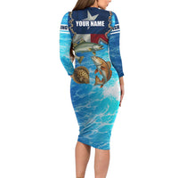 Texas Flag Fishing Long Sleeve Bodycon Dress with Ocean Fish Graphic and Blue Water Background - Wonder Print Shop